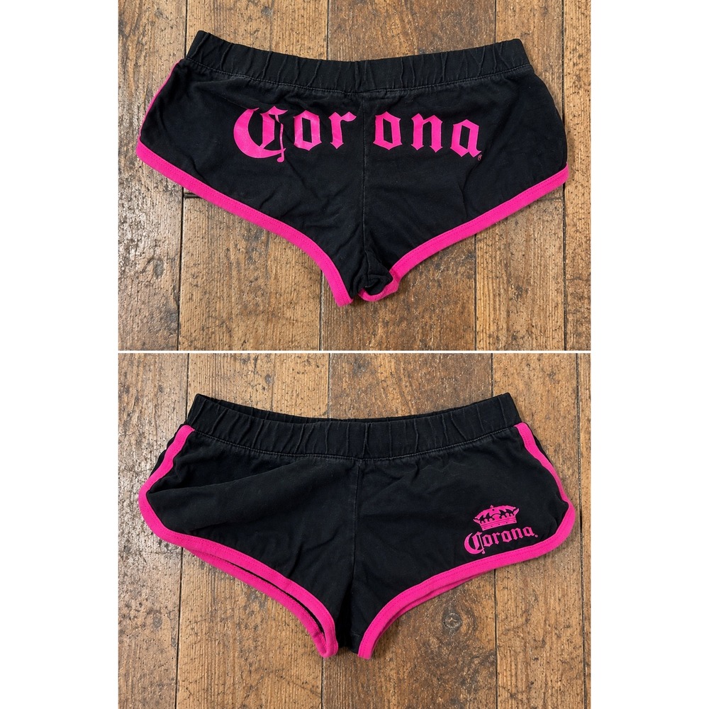 Y2K Corona Booty Micro Mini Shorts Black Hot Pink Dolphin M McBling 2000s Beach
